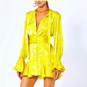 ALEXIS Neela Tie-Neck Yellow Silk Mini Dress
